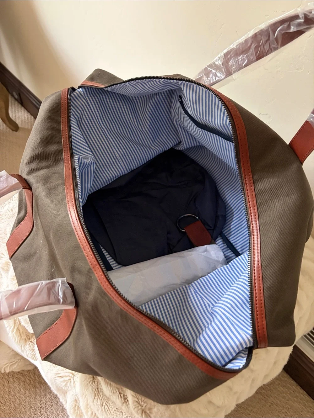Olive Canvas Weekender Bag with Brown Leather Trim